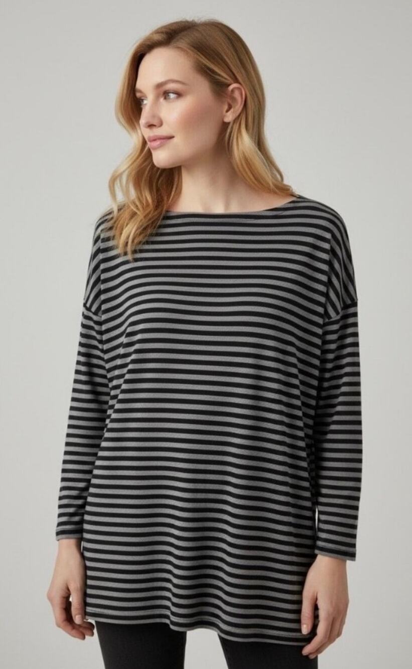 Eileen Fisher XL Black Gray Striped Tencel Lyocell Oversized Tunic Top Comfort